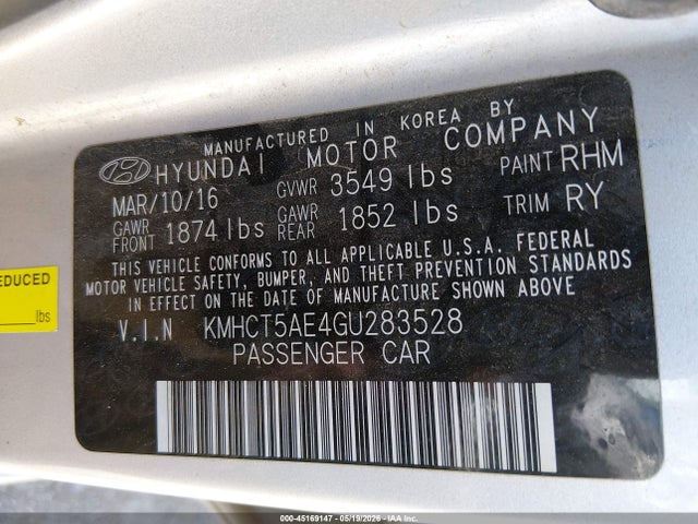 Aukcja sprzedaży 2016 Hyundai Accent Se, vin: KMHCT5AE4GU283528, numer aukcji: 45169147
