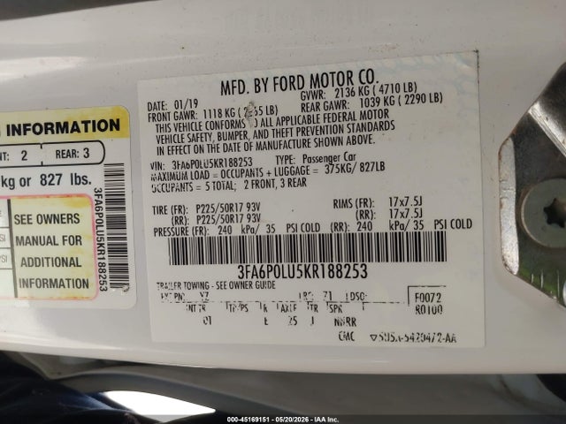 2019 Ford Fusion Hybrid Se მანქანა იყიდება აუქციონზე, vin: 3FA6P0LU5KR188253, აუქციონის ნომერი: 45169151