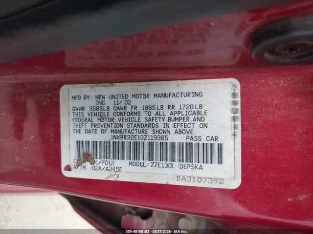 2003 Toyota Corolla S მანქანა იყიდება აუქციონზე, vin: 1NXBR32E13Z119385, აუქციონის ნომერი: 45169152
