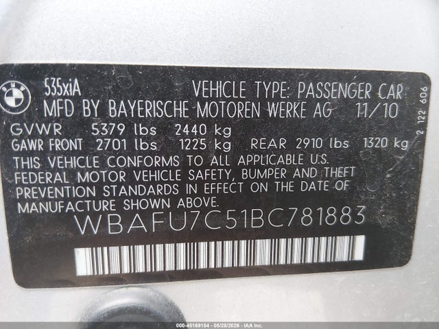 Aukcja sprzedaży 2011 Bmw 535i Xdrive, vin: WBAFU7C51BC781883, numer aukcji: 45169154
