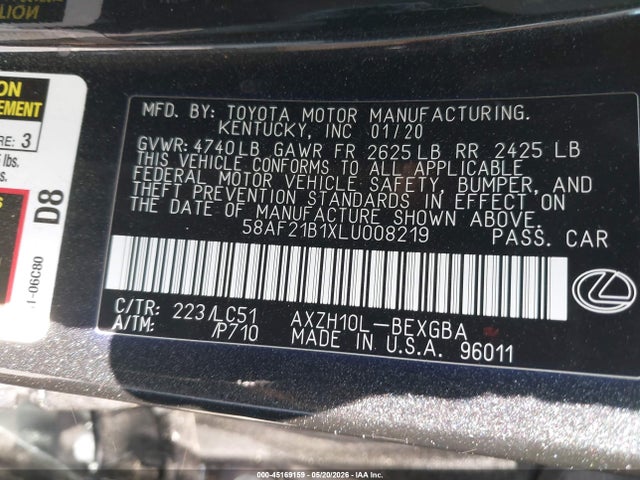 45169159 :رقم المزاد ، 58AF21B1XLU008219 vin ، 2020 Lexus Es 300h Ultra Luxury مزاد بيع