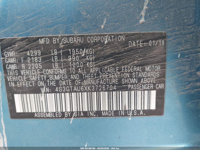 45169160 :رقم المزاد ، 4S3GTAU6XK3726704 vin ، 2019 Subaru Impreza 2.0i Limited مزاد بيع