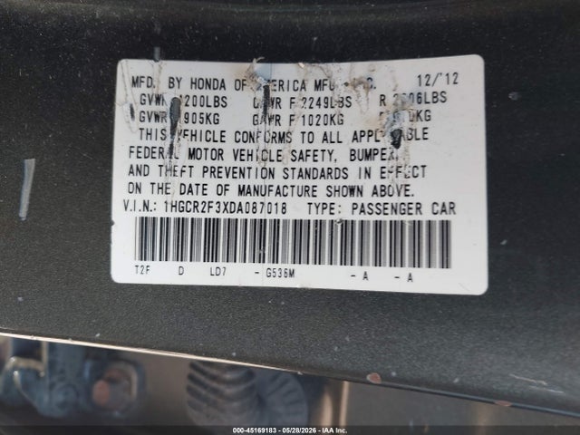 45169183 :رقم المزاد ، 1HGCR2F3XDA087018 vin ، 2013 Honda Accord Lx مزاد بيع