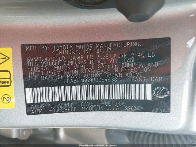 Aukcja sprzedaży 2017 Lexus Es 350, vin: 58ABK1GG9HU064638, numer aukcji: 45169186