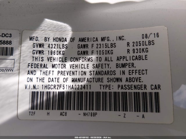 Продажа на аукционе авто 2017 Honda Accord Sport, vin: 1HGCR2F51HA023411, номер лота: 45169192