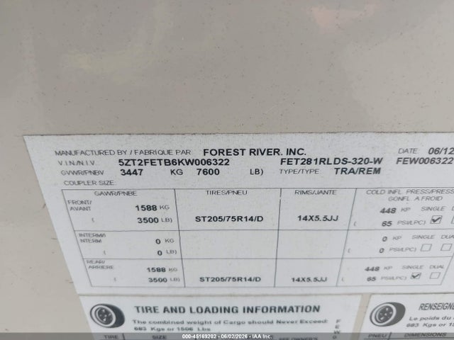 Forest River Freedom 2019 5ZT2FETB6KW006322 Image 9