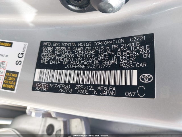 Продажа на аукционе авто 2022 Toyota Corolla Le, vin: JTDEPMAE3NJ200777, номер лота: 45169204