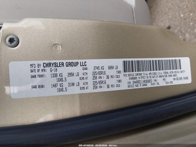2010 Chrysler Town & Country Touring მანქანა იყიდება აუქციონზე, vin: 2A4RR5D11AR369853, აუქციონის ნომერი: 45169236