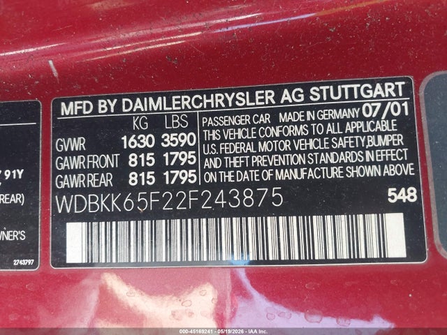 Aukcja sprzedaży 2002 Mercedes-benz Slk 320, vin: WDBKK65F22F243875, numer aukcji: 45169241