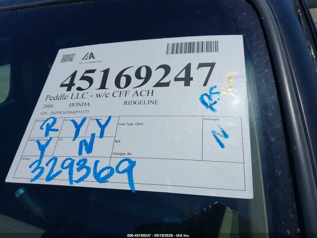 Продаж на аукціоні авто 2006 Honda Ridgeline Rt, vin: 2HJYK16206H551573, номер лоту: 45169247