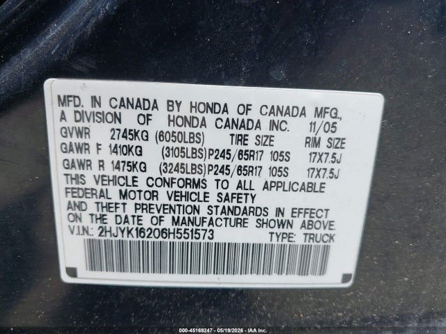 Продаж на аукціоні авто 2006 Honda Ridgeline Rt, vin: 2HJYK16206H551573, номер лоту: 45169247