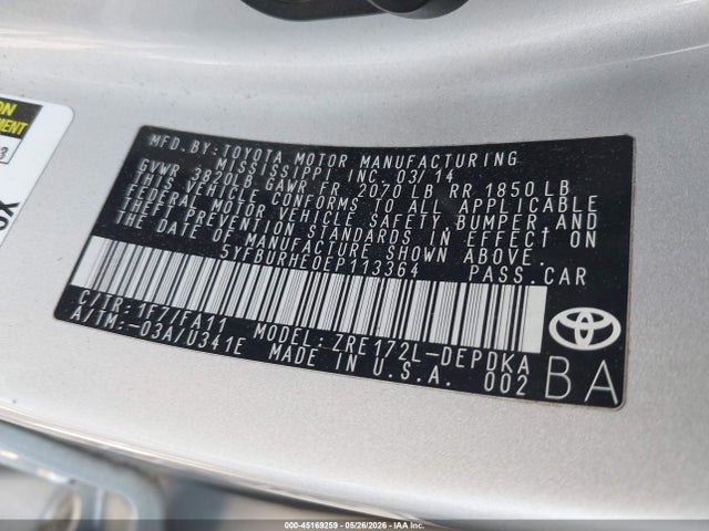 2014 Toyota Corolla L მანქანა იყიდება აუქციონზე, vin: 5YFBURHE0EP113364, აუქციონის ნომერი: 45169259