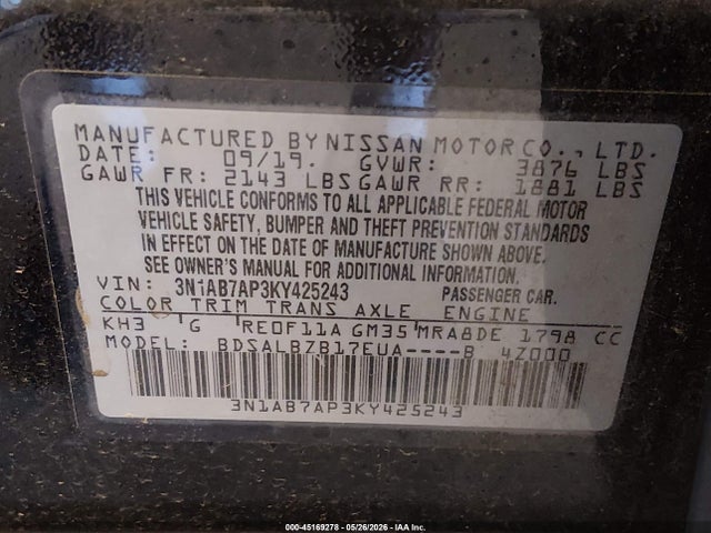 Aukcja sprzedaży 2019 Nissan Sentra S, vin: 3N1AB7AP3KY425243, numer aukcji: 45169278