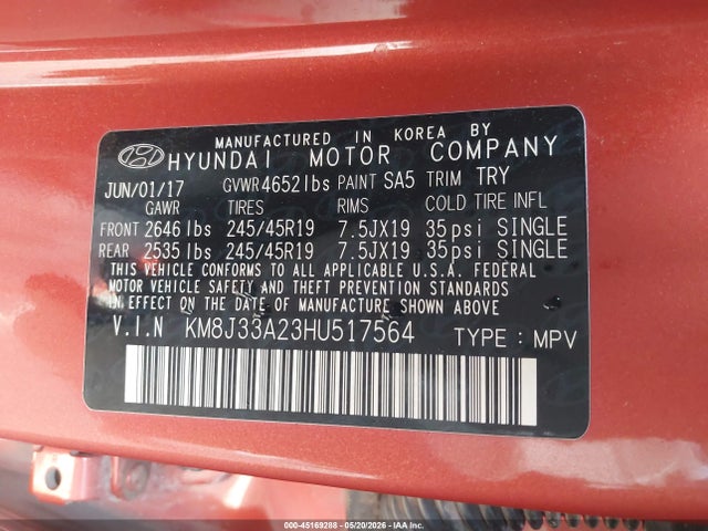 45169288 :رقم المزاد ، KM8J33A23HU517564 vin ، 2017 Hyundai Tucson Sport مزاد بيع