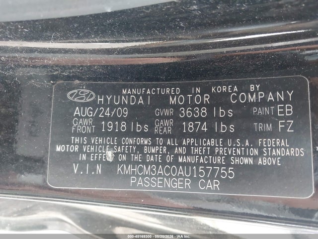 2010 Hyundai Accent Gs მანქანა იყიდება აუქციონზე, vin: KMHCM3AC0AU157755, აუქციონის ნომერი: 45169300
