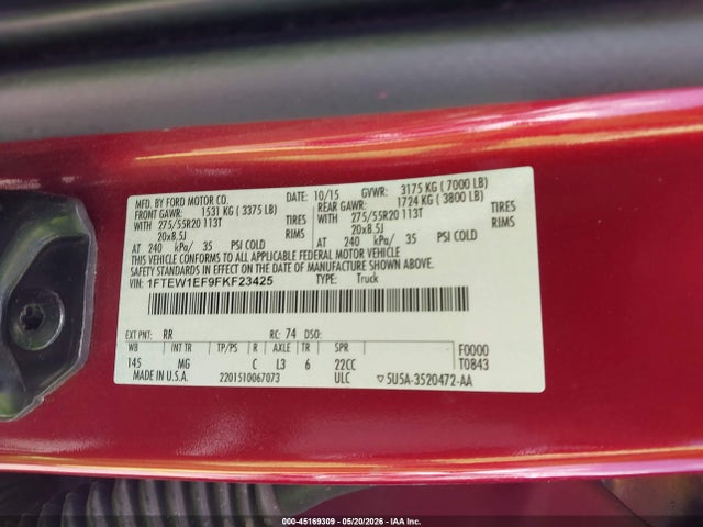 45169309 :رقم المزاد ، 1FTEW1EF9FKF23425 vin ، 2015 Ford F-150 Xlt مزاد بيع