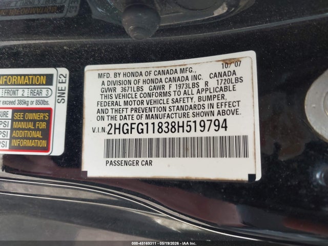 45169311 :رقم المزاد ، 2HGFG11838H519794 vin ، 2008 Honda Civic Ex مزاد بيع