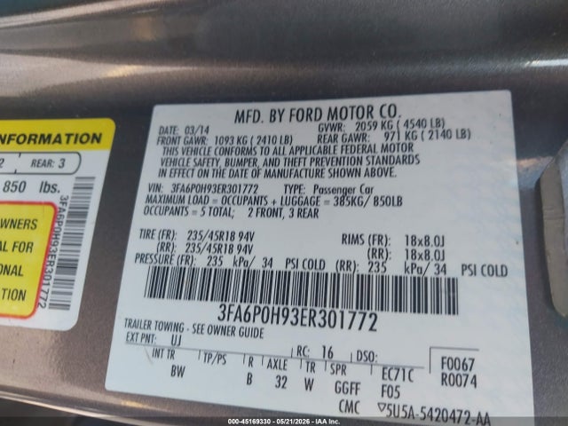 Aukcja sprzedaży 2014 Ford Fusion Se, vin: 3FA6P0H93ER301772, numer aukcji: 45169330