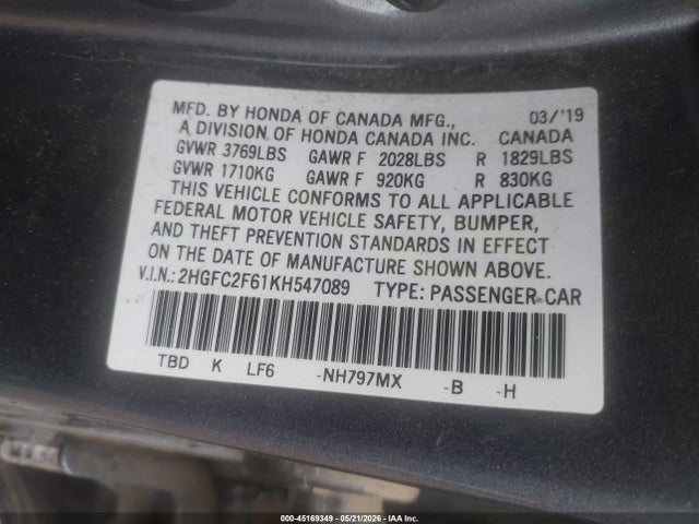 2019 Honda Civic Lx მანქანა იყიდება აუქციონზე, vin: 2HGFC2F61KH547089, აუქციონის ნომერი: 45169349