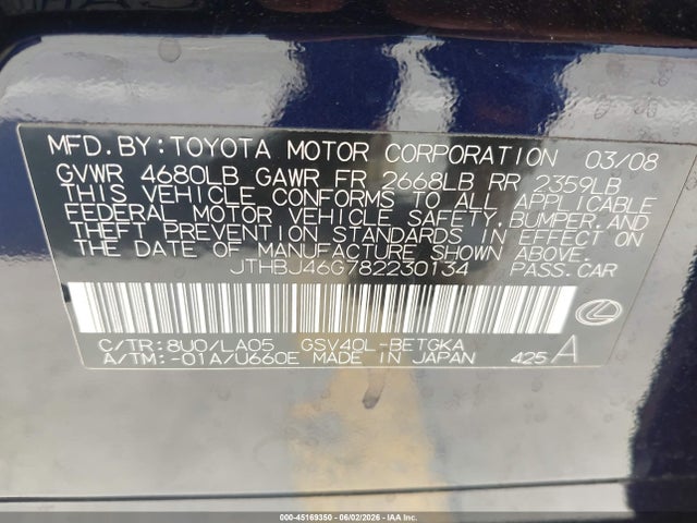Aukcja sprzedaży 2008 Lexus Es 350, vin: JTHBJ46G782230134, numer aukcji: 45169350