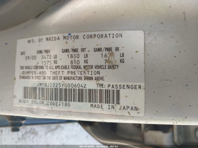 Продаж на аукціоні авто 2000 Mazda Protege Dx/lx, vin: JM1BJ2225Y0306042, номер лоту: 45169355