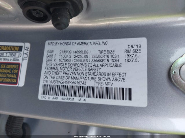 Продаж на аукціоні авто 2019 Honda Cr-v Ex, vin: 5J6RW2H58KA015743, номер лоту: 45169363