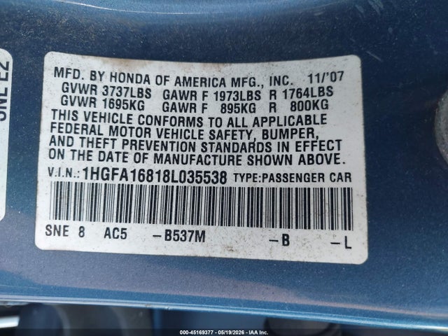 2008 Honda Civic Ex მანქანა იყიდება აუქციონზე, vin: 1HGFA16818L035538, აუქციონის ნომერი: 45169377