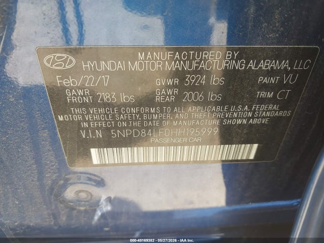 45169382 :رقم المزاد ، 5NPD84LF0HH195999 vin ، 2017 Hyundai Elantra Value Edition مزاد بيع