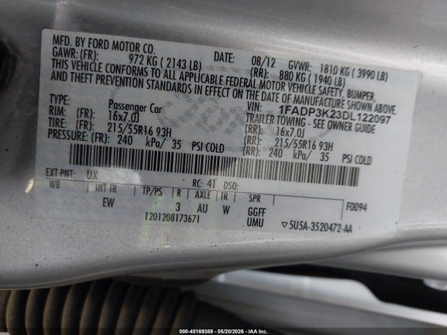 45169389 :رقم المزاد ، 1FADP3K23DL122097 vin ، 2013 Ford Focus Se مزاد بيع