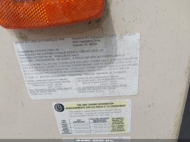 Продаж на аукціоні авто 2016 Keystone Bullet Ultra Lite, vin: 4YDT2512XGD423981, номер лоту: 45169391