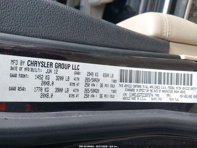 2012 Dodge Durango Citadel მანქანა იყიდება აუქციონზე, vin: 1C4RDJEG7CC337274, აუქციონის ნომერი: 45169400
