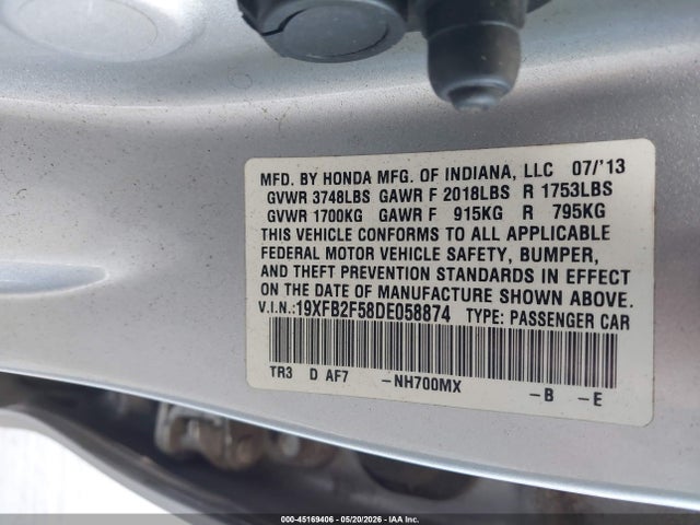 Aukcja sprzedaży 2013 Honda Civic Lx, vin: 19XFB2F58DE058874, numer aukcji: 45169406