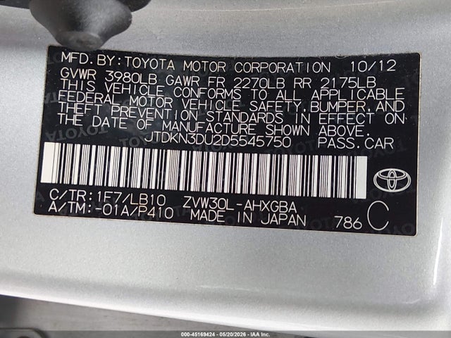 Aukcja sprzedaży 2013 Toyota Prius Four, vin: JTDKN3DU2D5545750, numer aukcji: 45169424