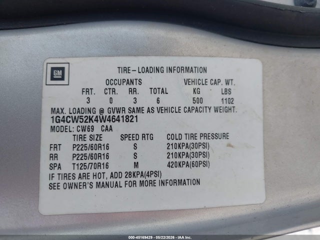 Auction sale of the 1998 Buick Park Avenue, vin: 1G4CW52K4W4641821, lot number: 45169429