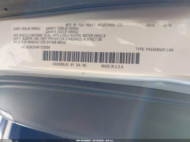 45169448 :رقم المزاد ، 4S3BL616677203059 vin ، 2007 Subaru Legacy 2.5i مزاد بيع
