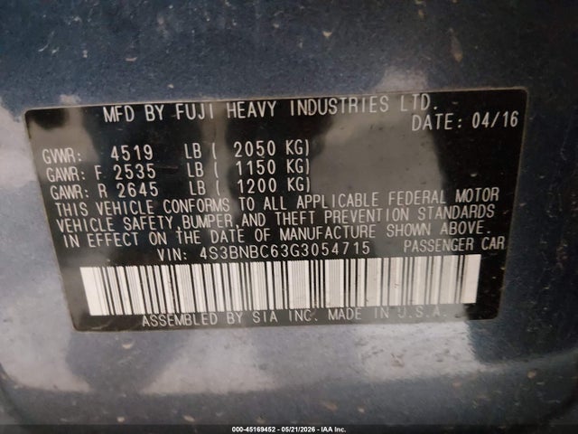 Aukcja sprzedaży 2016 Subaru Legacy 2.5i Premium, vin: 4S3BNBC63G3054715, numer aukcji: 45169452