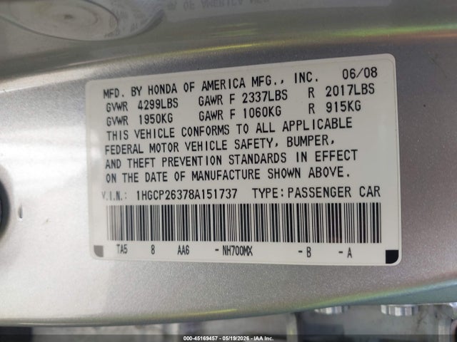 45169457 :رقم المزاد ، 1HGCP26378A151737 vin ، 2008 Honda Accord 2.4 Lx مزاد بيع