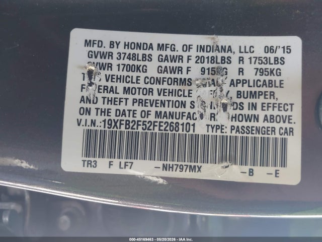 2015 Honda Civic Lx მანქანა იყიდება აუქციონზე, vin: 19XFB2F52FE268101, აუქციონის ნომერი: 45169463