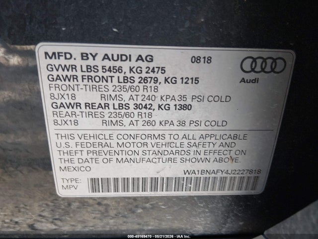 Продаж на аукціоні авто 2018 Audi Q5 2.0t Premium/2.0t Tech Premium, vin: WA1BNAFY4J2227818, номер лоту: 45169470