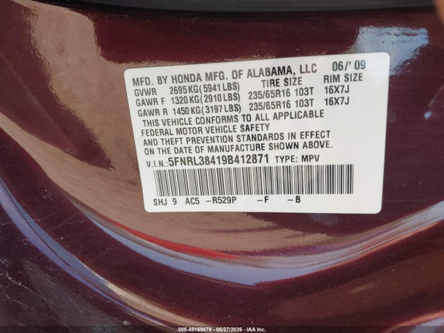 2009 Honda Odyssey Ex მანქანა იყიდება აუქციონზე, vin: 5FNRL38419B412871, აუქციონის ნომერი: 45169478