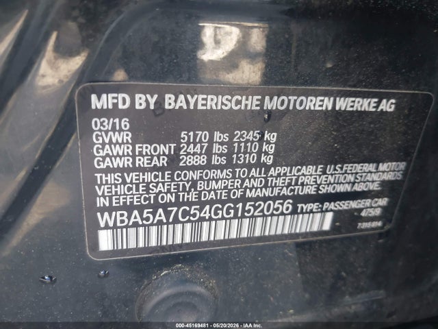 45169481 :رقم المزاد ، WBA5A7C54GG152056 vin ، 2016 Bmw 528i Xdrive مزاد بيع