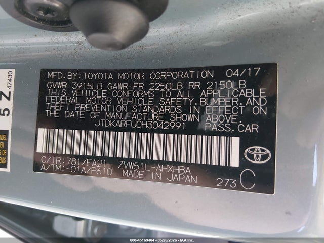 Aukcja sprzedaży 2017 Toyota Prius Three Touring, vin: JTDKARFU0H3042991, numer aukcji: 45169484
