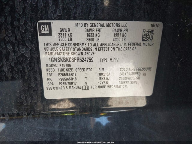 1GNSKBKC3FR524759 Chevrolet Tahoe Lt