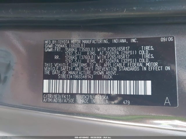 Aukcja sprzedaży 2006 Toyota Tundra Sr5 V8, vin: 5TBET34196S548143, numer aukcji: 45169492