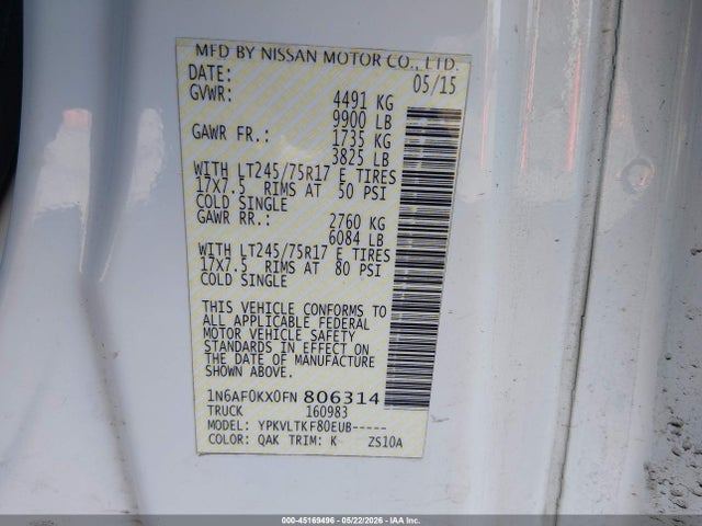 Продажа на аукционе авто 2015 Nissan Nv Cargo Nv3500 Hd Sv V8, vin: 1N6AF0KX0FN806314, номер лота: 45169496