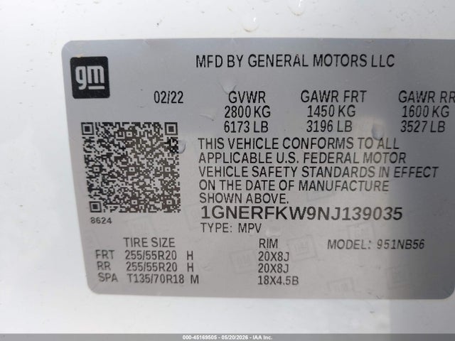 45169505 :رقم المزاد ، 1GNERFKW9NJ139035 vin ، 2022 Chevrolet Traverse Fwd Ls مزاد بيع