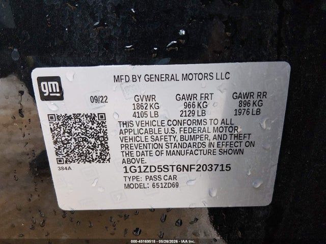 45169518 :رقم المزاد ، 1G1ZD5ST6NF203715 vin ، 2022 Chevrolet Malibu Fwd Lt مزاد بيع