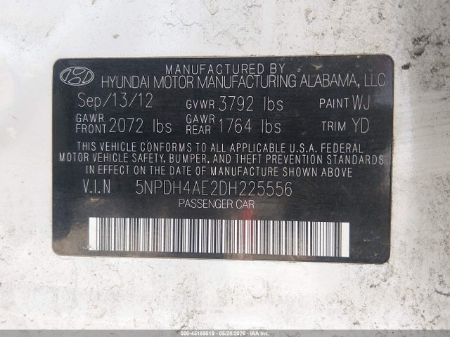 Продаж на аукціоні авто 2013 Hyundai Elantra Limited, vin: 5NPDH4AE2DH225556, номер лоту: 45169519