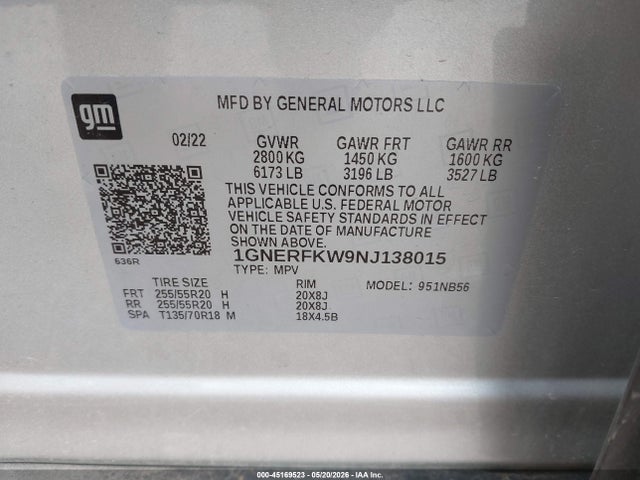 45169523 :رقم المزاد ، 1GNERFKW9NJ138015 vin ، 2022 Chevrolet Traverse Fwd Ls مزاد بيع