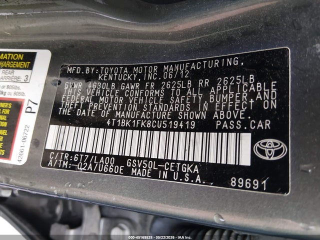 Aukcja sprzedaży 2012 Toyota Camry Xle V6, vin: 4T1BK1FK8CU519419, numer aukcji: 45169528